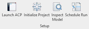 Icons for launching, initializing, inspecting, and scheduling project models in software interface.